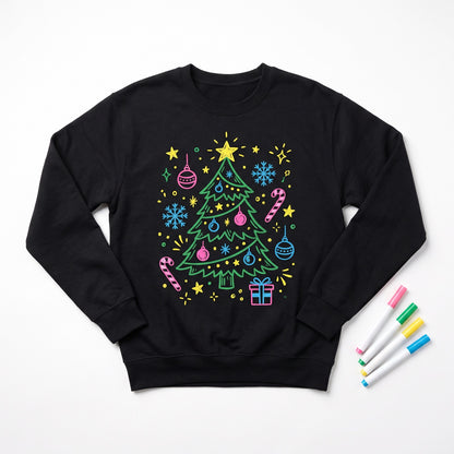 Black sweatshirt with a colourful hand-drawn Christmas tree design and glow fabric markers