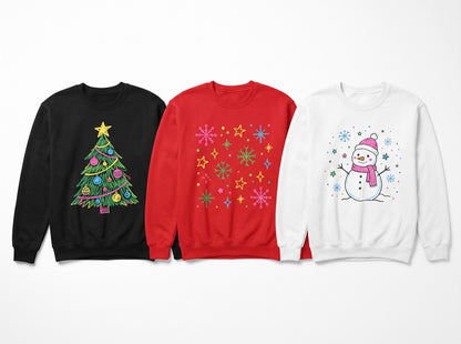 Black, red and white sweatshirts with hand-drawn Christmas designs
