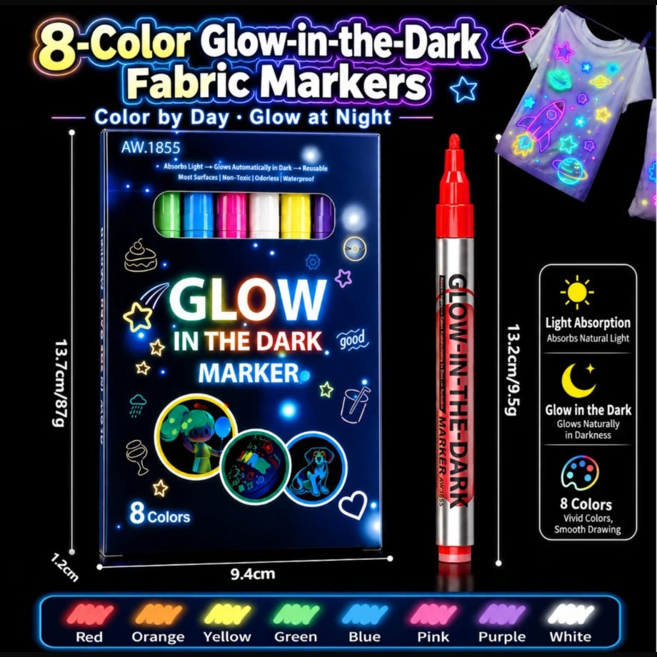 8-colour glow-in-the-dark fabric markers