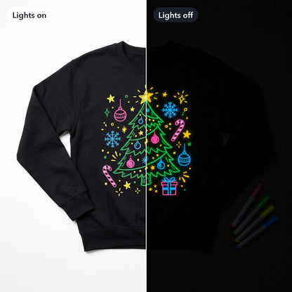 Hand-drawn Christmas sweatshirt with lights on and glowing with lights off