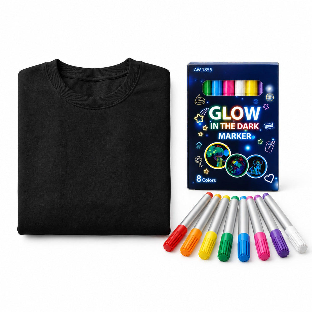 Plain black sweatshirt with the 8-colour glow-in-the-dark marker set