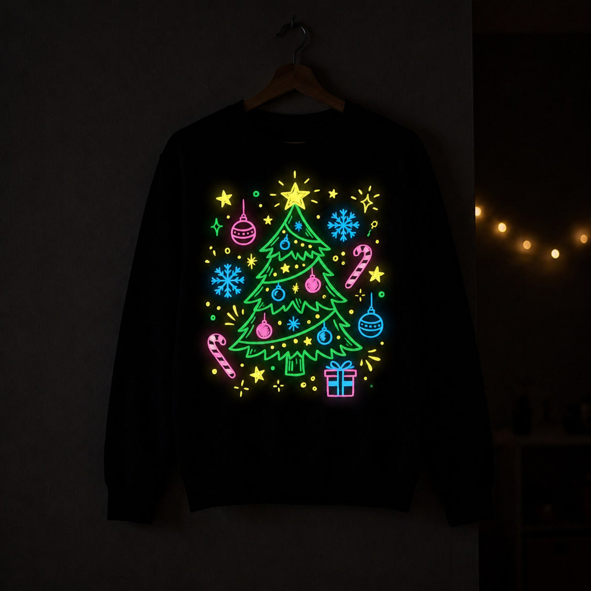 Hand-drawn sweatshirt glowing on a hanger in a dark room