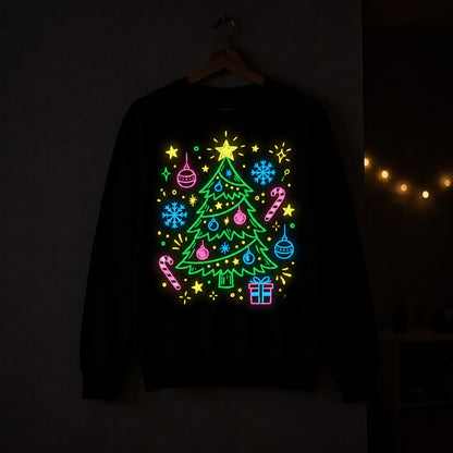 Hand-drawn sweatshirt glowing on a hanger in a dark room