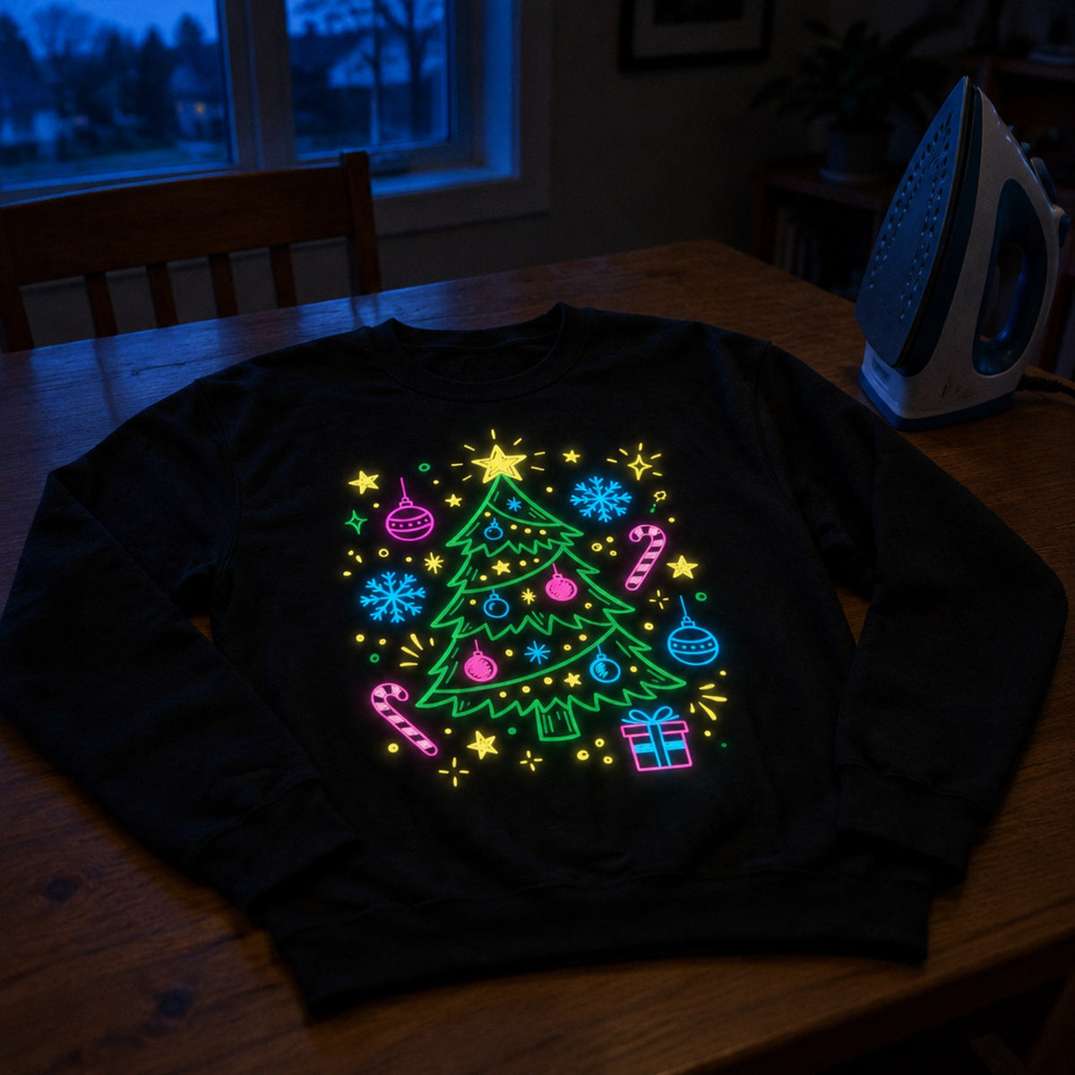 Finished sweatshirt drying on a table, already glowing at dusk