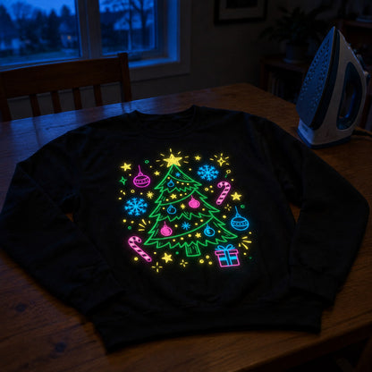 Finished sweatshirt drying on a table, already glowing at dusk