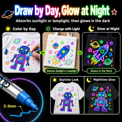Draw by day, glow at night with glow fabric markers